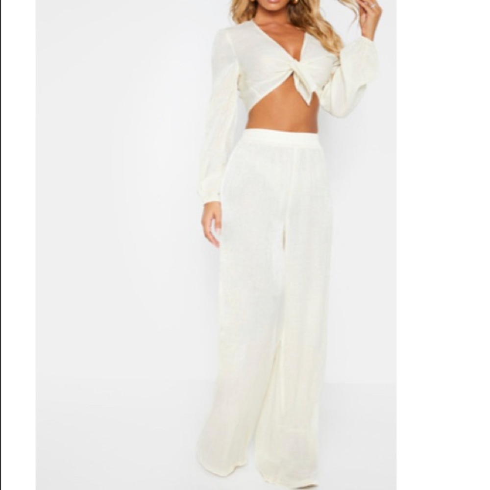 Cream Textured Wide Leg Pants and top